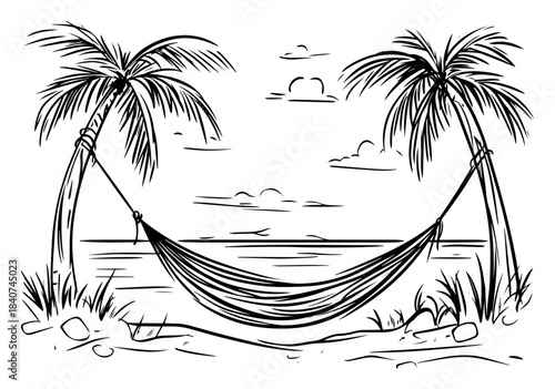 Hammock between palm trees vector illustration. Tropical beach summer vacation sketch with ocean view. Relaxing holiday landscape.