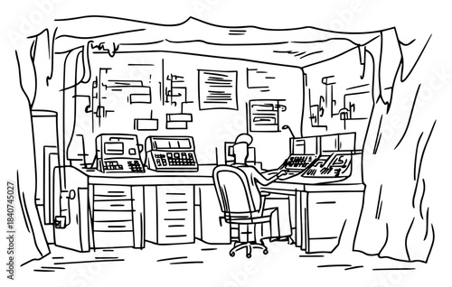 Secret underground control room vector illustration. Operator sitting at desk with computers in cave bunker. Surveillance lab sketch.