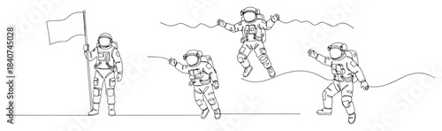 Astronauts space mission vector illustration. Group of spacemen walking with flag and floating in zero gravity on moon. Science fiction sketch.