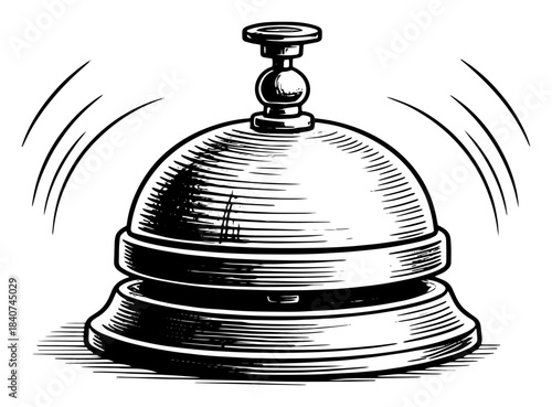 Hotel service bell ringing vector illustration. Vintage reception desk call bell with sound waves. Concierge alarm sketch.