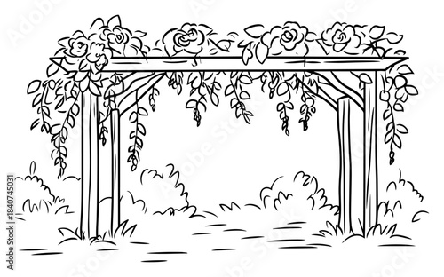 Garden pergola with roses vector illustration. Wooden archway gate covered in climbing flowers. Romantic park entrance sketch.