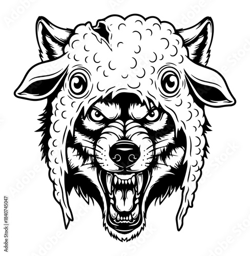 Wolf in sheep clothing vector illustration. Deceitful predator wearing disguise. Dangerous animal head sketch.