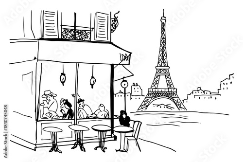 Paris street cafe with Eiffel Tower vector illustration. French city terrace view. Travel landmark sketch in black and white.