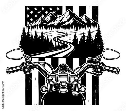 Motorcycle rider view on mountain road vector illustration. Motorbike handlebars against USA flag and nature landscape.