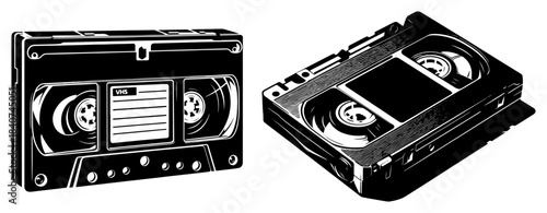 VHS video cassette tape vector illustration. Retro analog movie media. Vintage 90s technology sketch.