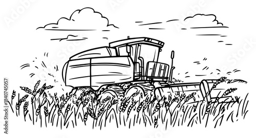 Combine harvester working in wheat field vector illustration. Agricultural machine gathering grain crop. Rural farm landscape sketch.