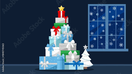 Festive Christmas Tree Made of Gift Boxes with Snowing Window and Small Pine Tree Illustration