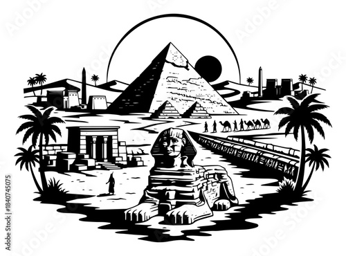 Egypt Pyramids and Sphinx vector illustration. Ancient Giza landscape with camels and palm trees in desert. Historical travel sketch.
