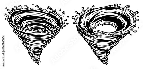 Water whirlpool and vortex vector illustration set. Liquid storm swirl or tornado. Vintage engraving style sketch.