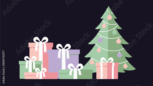 Flat design illustration of festive Christmas gifts piled up next to a decorated Christmas tree, symbolizing holiday cheer, celebration, and generosity in a cozy setting