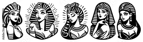 Ancient Egyptian queen portraits vector illustration set. Beautiful women faces with traditional headdress. Cleopatra pharaoh lady sketch.