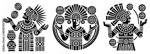 Mayan or Aztec juggler vector illustration set. Tribal man with feathers performing with balls. Ancient ethnic totem geometric sketch.