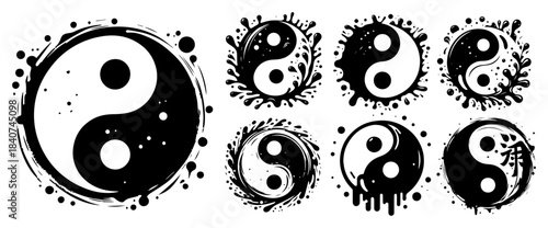 Yin Yang symbol vector illustration set. Taoism balance sign with grunge splashes and swirls. Chinese philosophy icon sketch.
