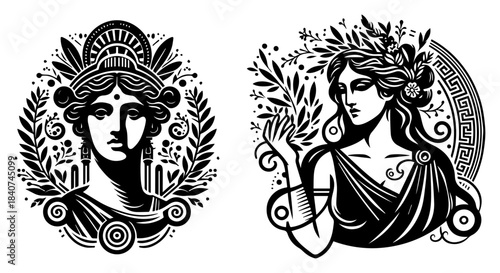 Ancient Greek Goddess vector illustration set. Classical woman face with flowers and laurel wreath. Roman muse portrait sketch.