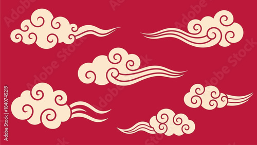 Traditional East Asian Clouds Vector Illustration Set on a Red Background