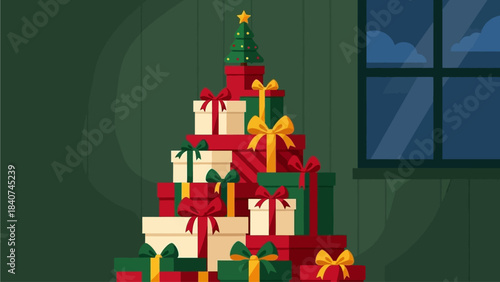 Festive Christmas Tree Arrangement Made of Stacked Gift Boxes with a Star Topper