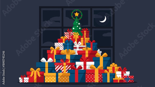 A bountiful collection of festive holiday presents stacked beneath a glowing decorated tree by a moonlit window, embodying the spirit of celebration and generosity