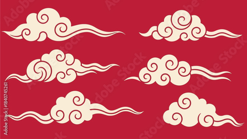 A collection of elegant traditional Asian clouds, artfully depicted in a classic style with flowing curves and auspicious symbolism, ideal for cultural design projects and decorative patterns