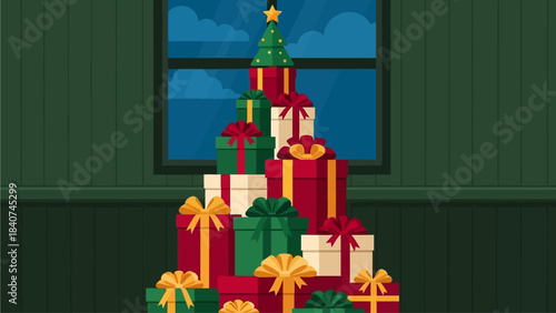 A joyful stack of colorful Christmas presents arranged to form a festive tree shape, illuminated by a star, set against a cozy room and night window scene