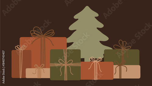 Festive holiday season gift boxes and a Christmas tree with warm, earthy tones, perfect for seasonal celebrations and winter greetings