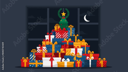 A large, colorful stack of wrapped Christmas gifts artfully arranged to resemble a festive holiday tree, illuminated under a dark window at night, symbolizing the joy and generous spirit of the season