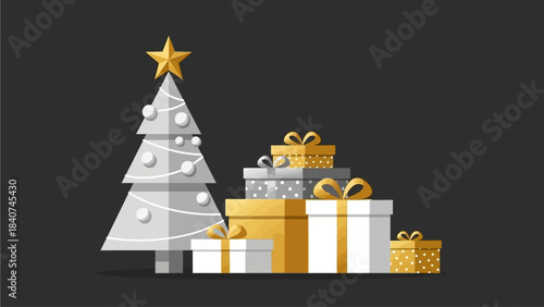Festive Christmas Tree with Stacked Presents Decorated in Gold and White Hues on a Dark Background