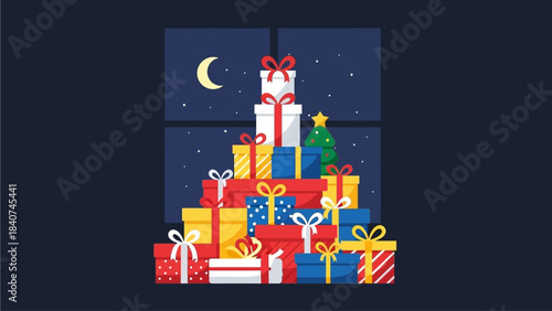 A delightful illustration of a towering stack of vibrant Christmas presents and wrapped holiday gifts nestled by a window on a serene winter night, illuminated by the soft glow of the moon
