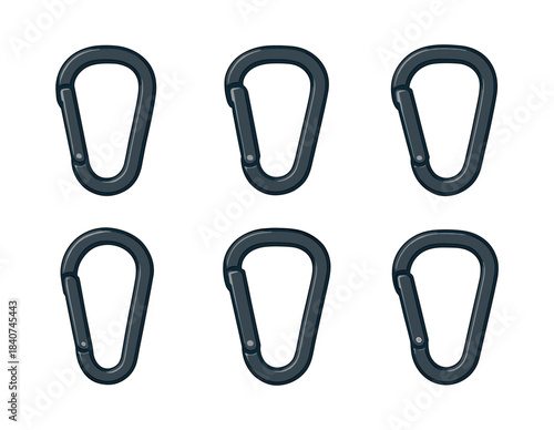 Carabiner set, hooks, clips, and locks, flat vector illustration