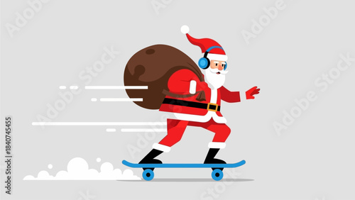 Dynamic illustration of a modern Santa Claus skateboarding at high speed, wearing headphones and carrying a large sack of gifts, symbolizing a fast and fun holiday season delivery