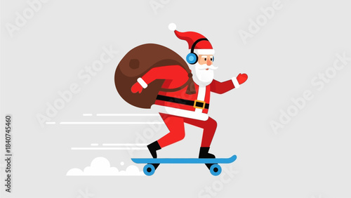 Festive character with headphones skateboarding with a gift sack, bringing modern holiday joy and swift present delivery