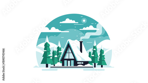 Cozy A-frame cabin nestled in a snow-covered winter landscape with pine trees and clouds