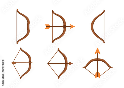 Archery equipment set, bows and arrows, flat vector illustration