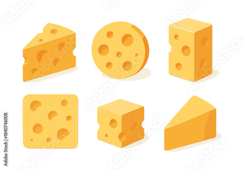 Cheese slice and block collection, flat vector illustration, dairy icons set