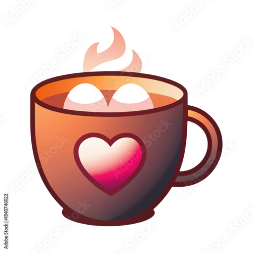 Cozy heart mug with steaming hot chocolate and marshmallows illustration
