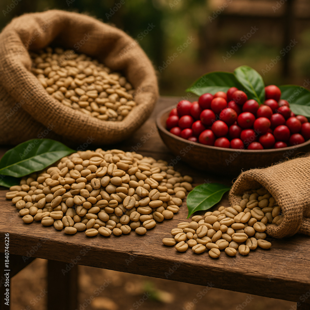 Fototapeta premium Coffee harvest still life with green coffee beans and ripe coffee cherries