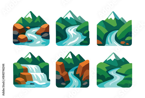 Mountain river and waterfall scenes, flat vector illustration, nature landscape