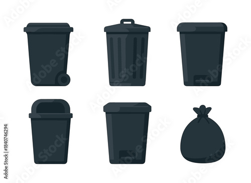 Recycling bin collection, trash cans and waste bags, flat vector illustration