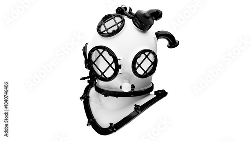 A mockup of a white, vintage scuba diving helmet with black elements on a transparent background. A mockup of an old deep-sea diving helmet with white and black elements on a transparent background.