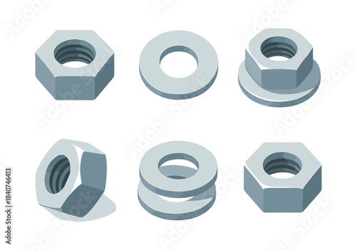 Nuts and bolts set, washers, industrial hardware, flat vector illustration