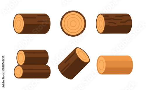Wood log set, timber and tree trunks, flat vector illustration