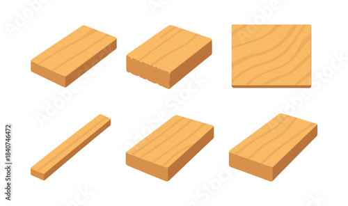 Wood plank and block set, lumber, construction, flat vector illustration