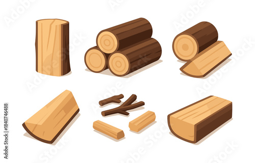 Wood logs, sticks, and branches collection, flat vector illustration