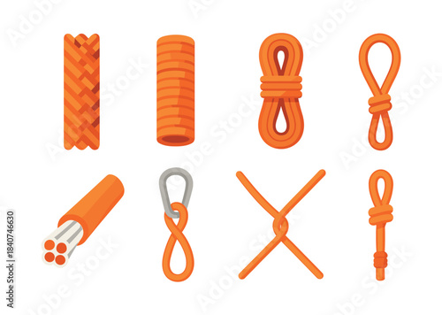 Types of climbing rope, knots and loops, flat vector illustration