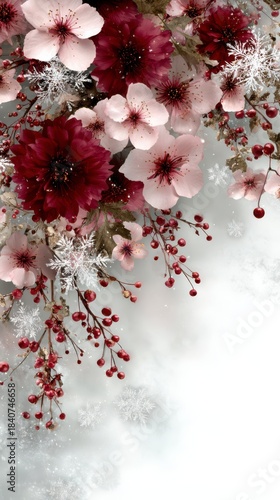 A delicate arrangement of soft pink and deep red blossoms interwoven with frosted accents, creating a vision of elegance.