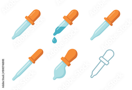Dropper collection, pipette, liquid, medicine, flat vector illustration