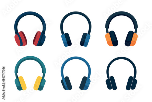 Headphones collection, colorful designs, flat vector illustration
