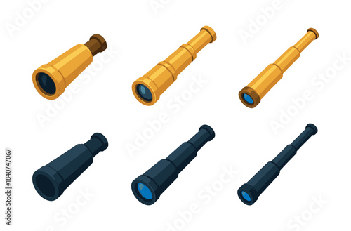 Telescope collection, nautical and spyglass design, flat vector illustration