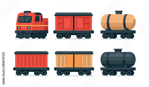 Train car collection, cargo, tank, transport, flat vector illustration