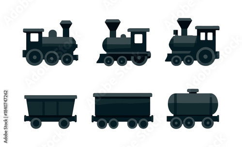 Vintage train, locomotive, railway cars, flat vector illustration design