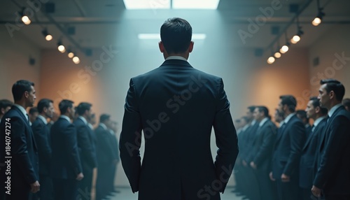 Man in dark suit stands with hands in pockets before assembled group of men in suits. Leader directs employees in formal corporate setting. Team faces their boss in room with dramatic lighting.